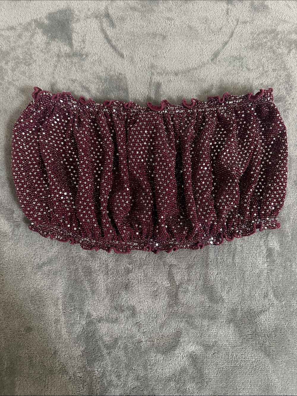 Forever 21 Maroon Smocked Strapless Crop Top with Silver Metallic Dots